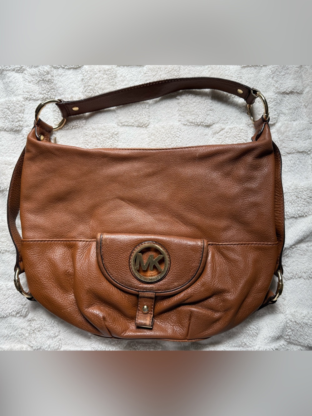 Michael Kors Cognac Brown Leather Shoulder Bag with Gold Logo